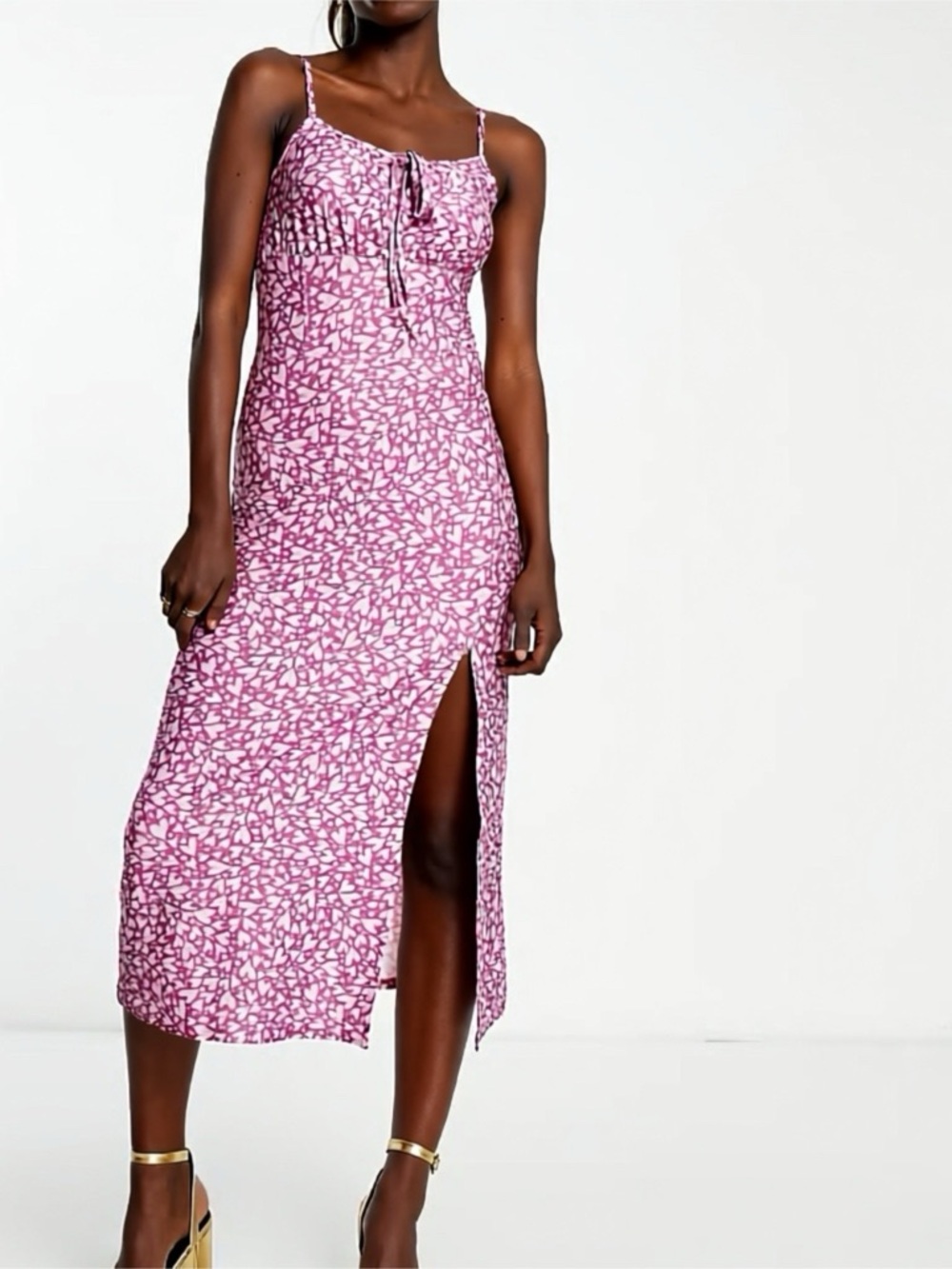 NWT Miss Selfridge Gathered Bust Midi Slip Dress in Purple Heart Print